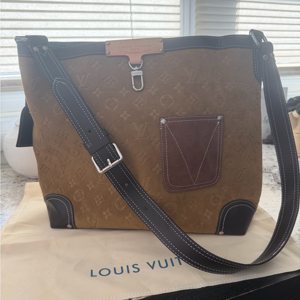 Brown Monogram Suede Shoulder Bag with Dark Brown Trim
